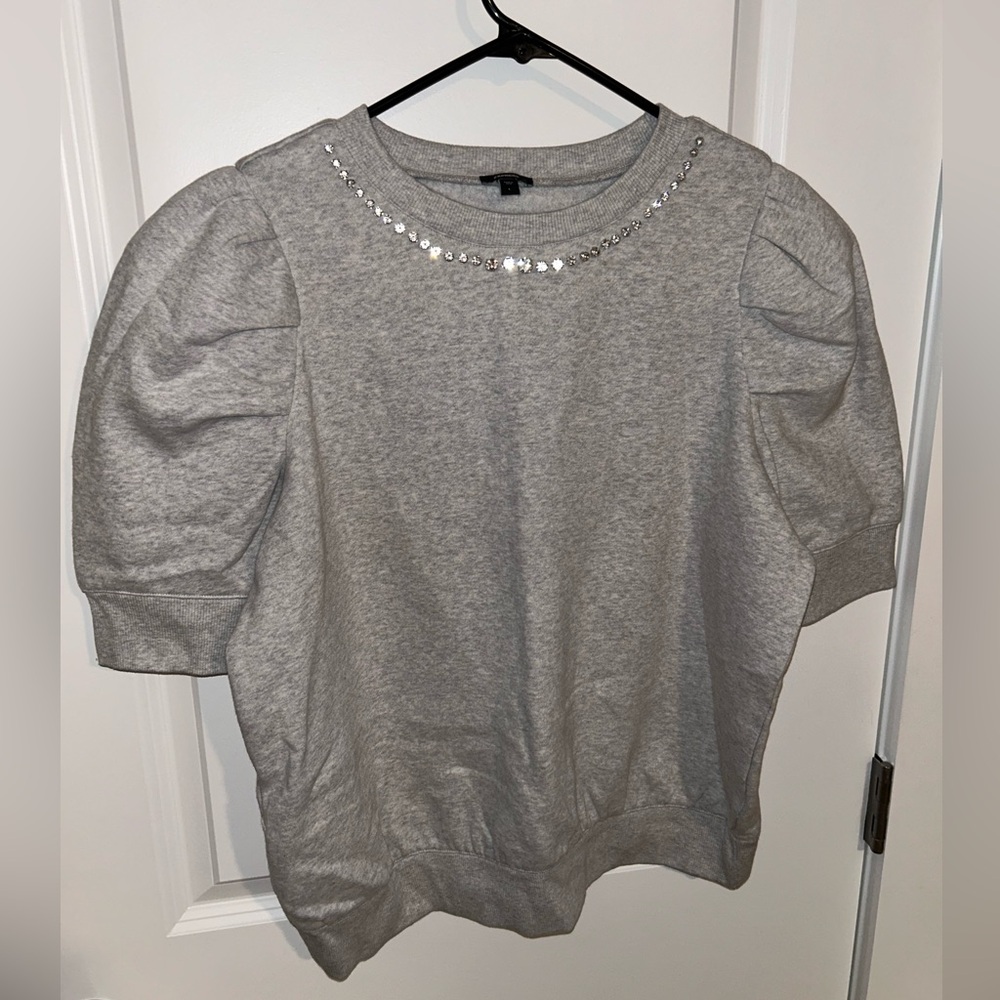 Express Gray Puff Sleeve Top with Embellishments